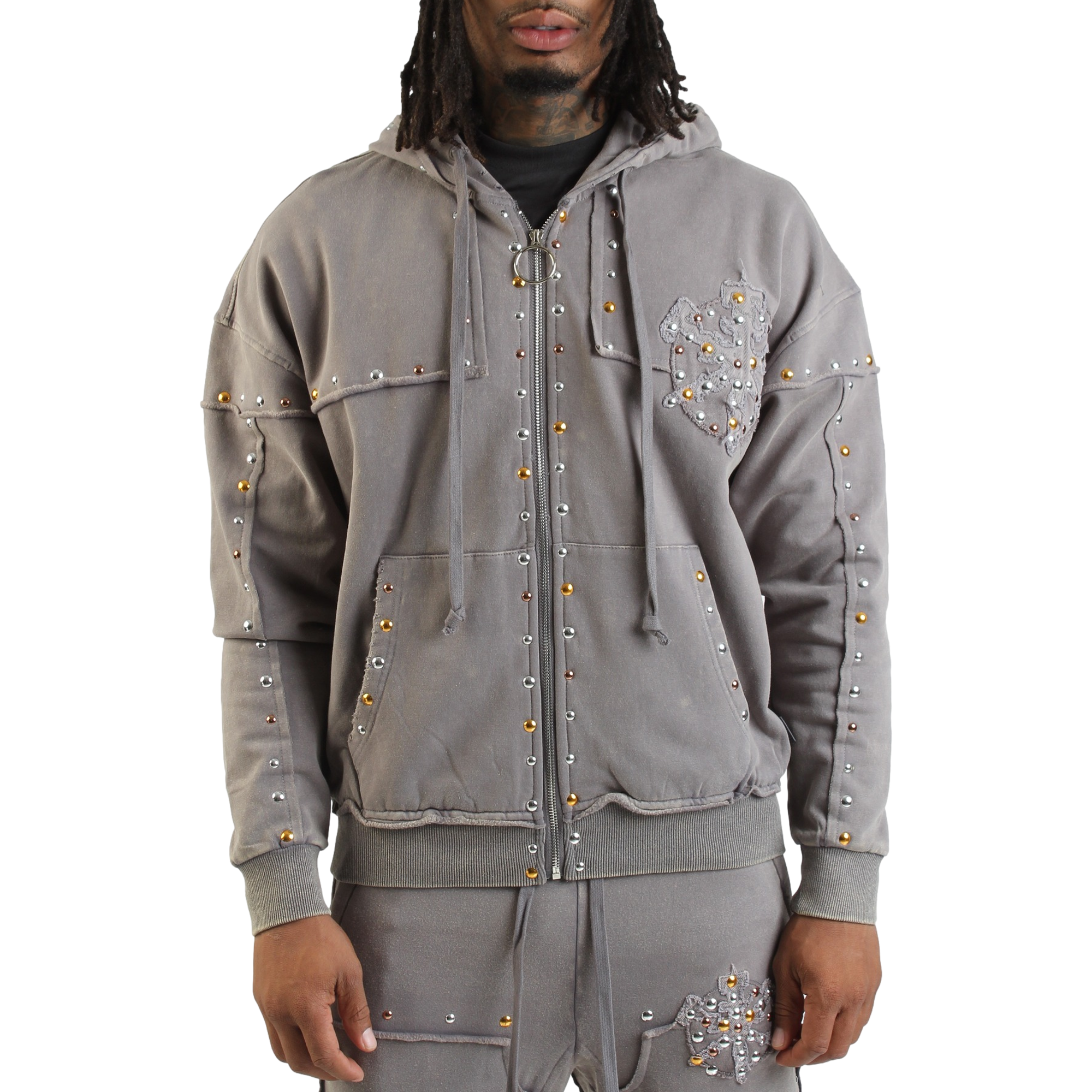 Stones Studs Gray Full Zip Hoodie